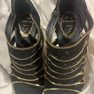 Rene Caovilla Black and Gold Women's Shoes